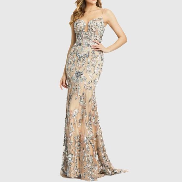 Mac Duggal Nude Embroidered Spaghetti Strap Trumpet Gown A79313 Women’s Sz 14 - Picture 1 of 10